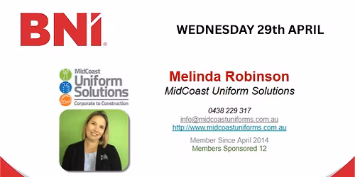 BNI Networking Event, featuring Mel from Midcoast Uniform Solutions