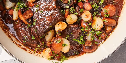 Cork 'N' Fork - Beef Bourguignon with Philippe's baguette & Whipped butter & Maldon salt flakes
