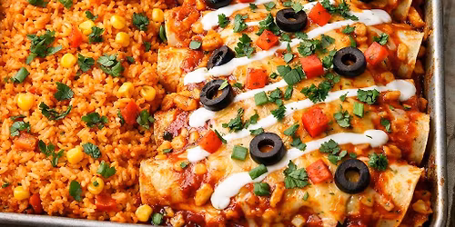 Community Dinner - Beef and Cheese Enchilada Bake with Sazon Rice and Beans