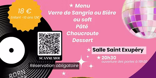 Repas T\u00e9l\u00e9thon \u00e0 la salle st Exup\u00e9ry sur le th\u00e8me disco et ann\u00e9e 80.