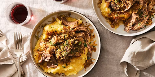 Cork 'N' Fork - Orange cilantro pulled pork with mashed potatoes, green beans and dinner roll