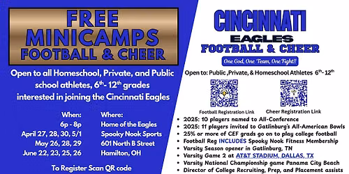 Free FOOTBALL & CHEER minicamps @ Spooky Nook, home of the eagles