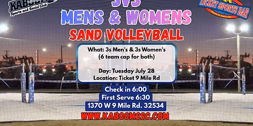 TUES. 3s Men's & 3s Women's Sand Volleyball Mini Tourney \/ Ticket Sports Bar #2 (7\/28\/26)