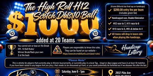 High Roll 10 Ball Scotch Dbls $1000 added at 20 teams