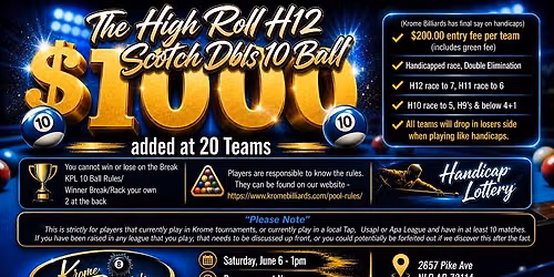 High Roll 10 Ball Scotch Dbls $1000 added at 20 teams