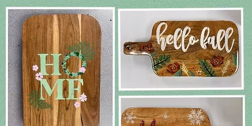 Stenciled Tabletop Charcuterie Board Paint, Pour, & Sip Event!