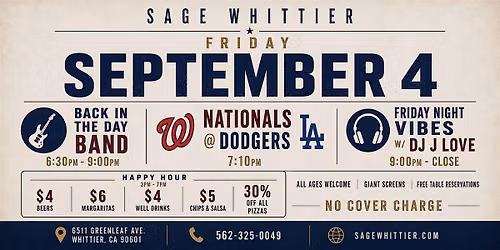 Friday Night at Sage | Live Band, Dodgers & DJ J Love