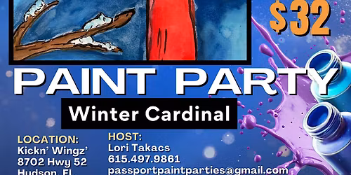 1.6.26 Winter Cardinal Watercolor Paint and Sip at Kickn'Wingz'.