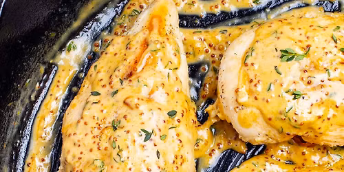 Cork 'N' Fork - Dijon Chicken Boneless Chicken saut\u00e9 w onion, garlic, button mushroom, scallions, f
