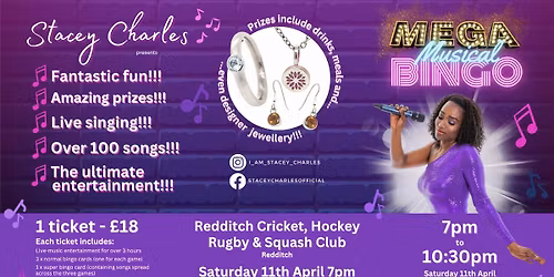 \u2b50MEGA\u2b50 Musical Bingo at Redditch Cricket, Hockey, Rugby & Squash Club - Saturday 11th April 7pm
