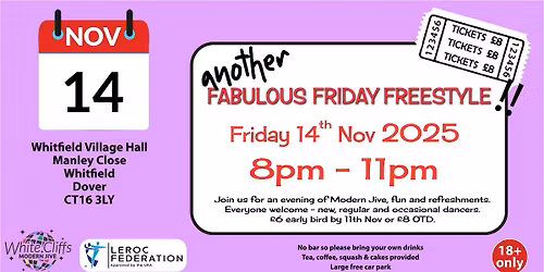 Modern Jive FREESTYLE ~ Whitfield Village Hall, Dover. 8pm to 11pm, all dancers welcome.
