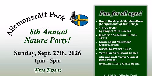 Allemansr\u00e4tt Park 8th Annual Nature Party- Save the Date!