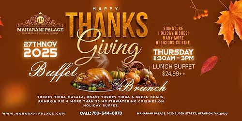 Celebrate Thanksgiving with a Royal Feast at Maharani Palace, Herndon!