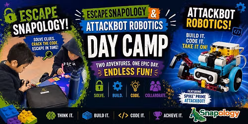 Day Camp EXTENDED FULL DAY \u2013 AttackBot Robotics (Spike Prime with Coding!) AND Escape Snapology