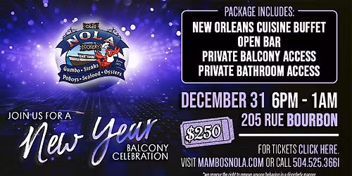 2026 New Year's Eve Bourbon Street Balcony Tickets @ NOLA Cookery