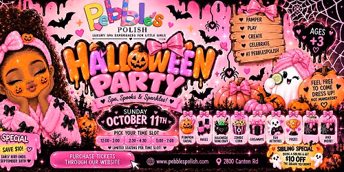 Slot 1: Kids Spa Halloween party, pumpkin facials, crafts, nails, & prizes!