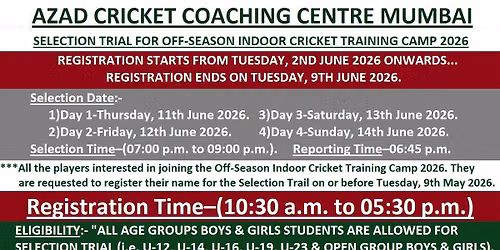 ACCC MUMBAI SELECTION TRIAL FOR OFF-SEASON INDOOR CRICKET TRAINING CAMP 2026