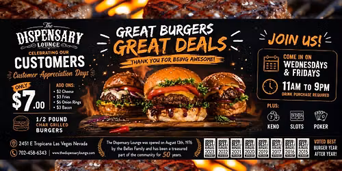 CUSTOMER APPRECIATION DAYS $7 Half Pound Burgers