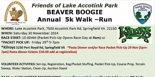3rd Annual Lake Accotink Park Beaver Boogie 5k Run or Walk