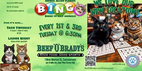 Animal Allies' Bingo to Help Animals - Beef O'Brady's 9 Mile