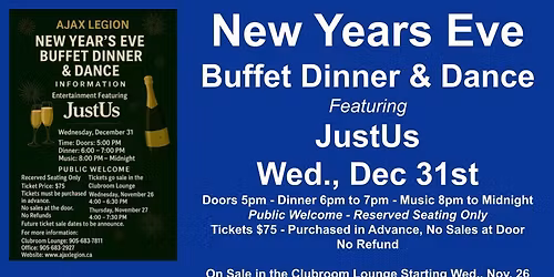 Ajax Legion New Years Eve Buffet Dinner and Dance