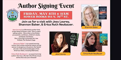Jess Lourey, Erica Ruth Neubauer, and Shannon Baker author signing event