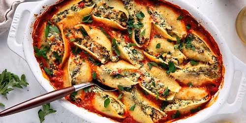 Cork 'N' Fork - Ricotta spinach stuffed shells with marinara sauce and fresh pesto (Vegetarian)