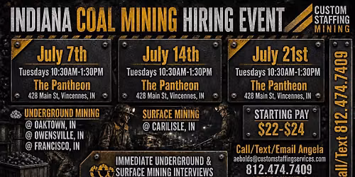 Indiana Coal Mining Job Fairs - July 7th, 14th, and 21st
