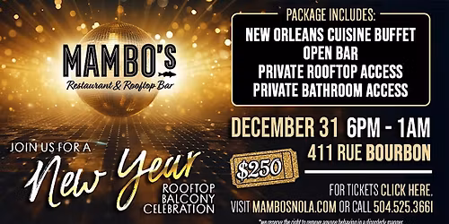 2026 New Year's Eve Balcony \/ Rooftop Tickets @ Mambo's