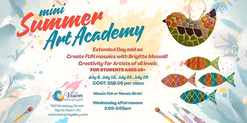 Create colorful mosaic fish and birds with Brigitte Messali at Vision Arts Gallery\u2019s Mini Summer Art