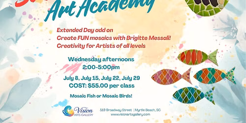 Create colorful mosaic fish and birds with Brigitte Messali at Vision Arts Gallery\u2019s Mini Summer Art