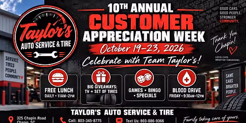 \ud83c\udf89 Taylor\u2019s 10th Annual Customer Appreciation Week \ud83c\udf89