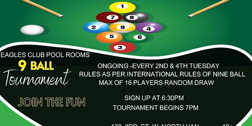 9 Ball Tournament @ The Eagles Club 