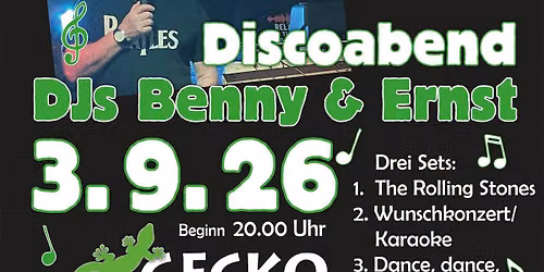 Discoabend mit DJs Benny & Ernst bei Eat & Beat in der Geckolounge am 3. September ab 20 Uhr
