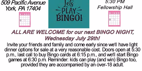 JOIN US FOR OUR JULY BINGO NIGHT! SEE YOU THERE!