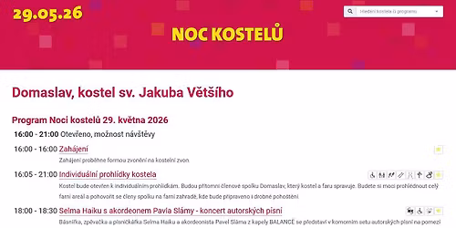 Noc kostel\u016f Domaslav - 18:00 S. Haiku & P. Sl\u00e1ma - \u0161anson, 19:00 P. Linhart - landscape folk