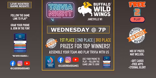 Trivia Night | Buffalo Wild Wings - Janesville WI - WED 7p @LeaderBoardGames
