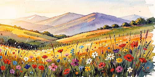 Summer landscape Painting in traditional watercolour