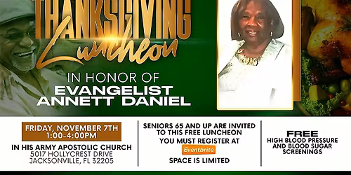 Free Senior Citizen Thanksgiving Luncheon-Honoring Evangelist Annett Daniel