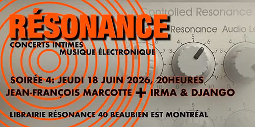 Mini-concerts \u00c9lectro \u00e0 La Librairie R\u00e9sonance Soir\u00e9e4: Jean-Fran\u00e7ois Marcotte et "Irma & Django"