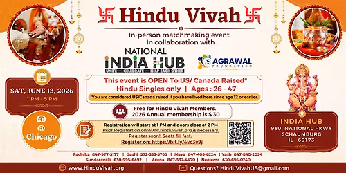2026 June 13, In-Person Match making Event- US\/ Canada Raised Hindu Singles