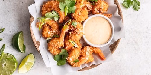 Cork 'N' Fork - Coconut shrimp with cilantro lime jasmine rice and a cucumber salad (Dairy Free)