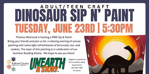 Adult\/Teen Craft: Dinosaur Sip n' Paint at the Thomas Memorial branch