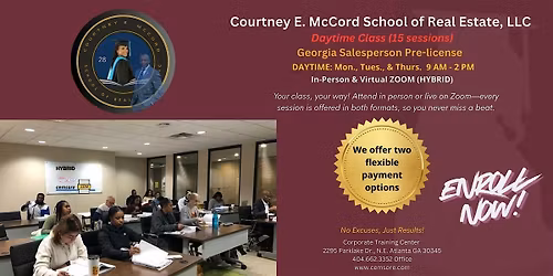 75-Hour Georgia Real Estate Pre-license | In-Person & Zoom (Hybrid Daytime)