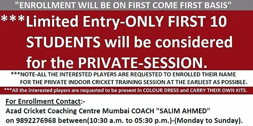 ACCC MUMBAI EIGHT-SESSION PRIVATE CRICKET TRAINING BY SAI NS NIS LEVEL-I CRICKET COACH SALIM AHMED.