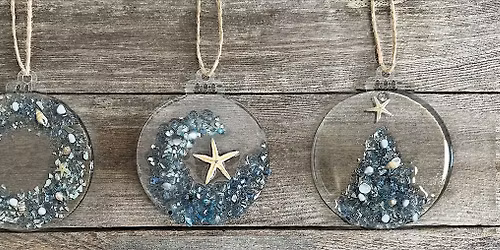 Set of 3 Crushed Glass Beach Shell Resin Christmas Ornaments Art Sip Class
