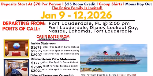 Disney Dream Group Cruise Jan 2026 | Onboard Credit & Group Shirt Included!| Deposits Start At $70pp
