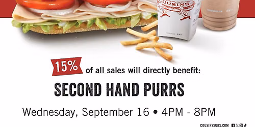Cousins Subs Fundraiser Wednesday, September 16, Benefiting Second Hand Purrs