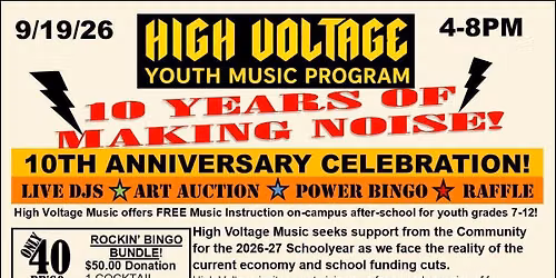 HIGH VOLTAGE MUSIC 10TH ANNIVERSARY CELEBRATION W\/ DJ'S, POWER HOUR BINGO, SILENT AUCTION & MORE! 