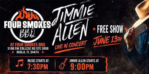 Jimmie Allen FREE CONCERT at Four Smokes BBQ